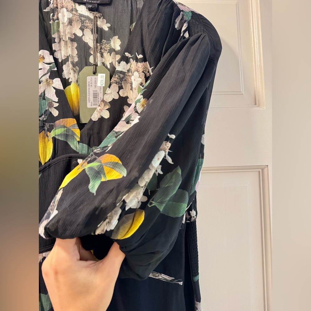 All Saints Black Floral Asymmetrical Dress with Yellow Accents - Picture 4 of 7